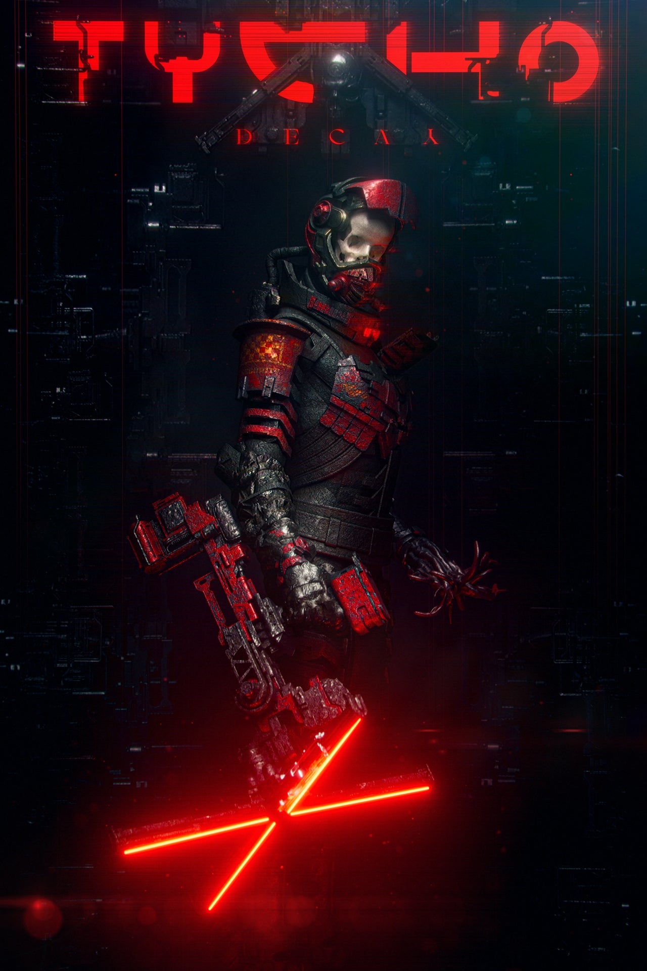Character in futuristic armor with red accents against a dark background