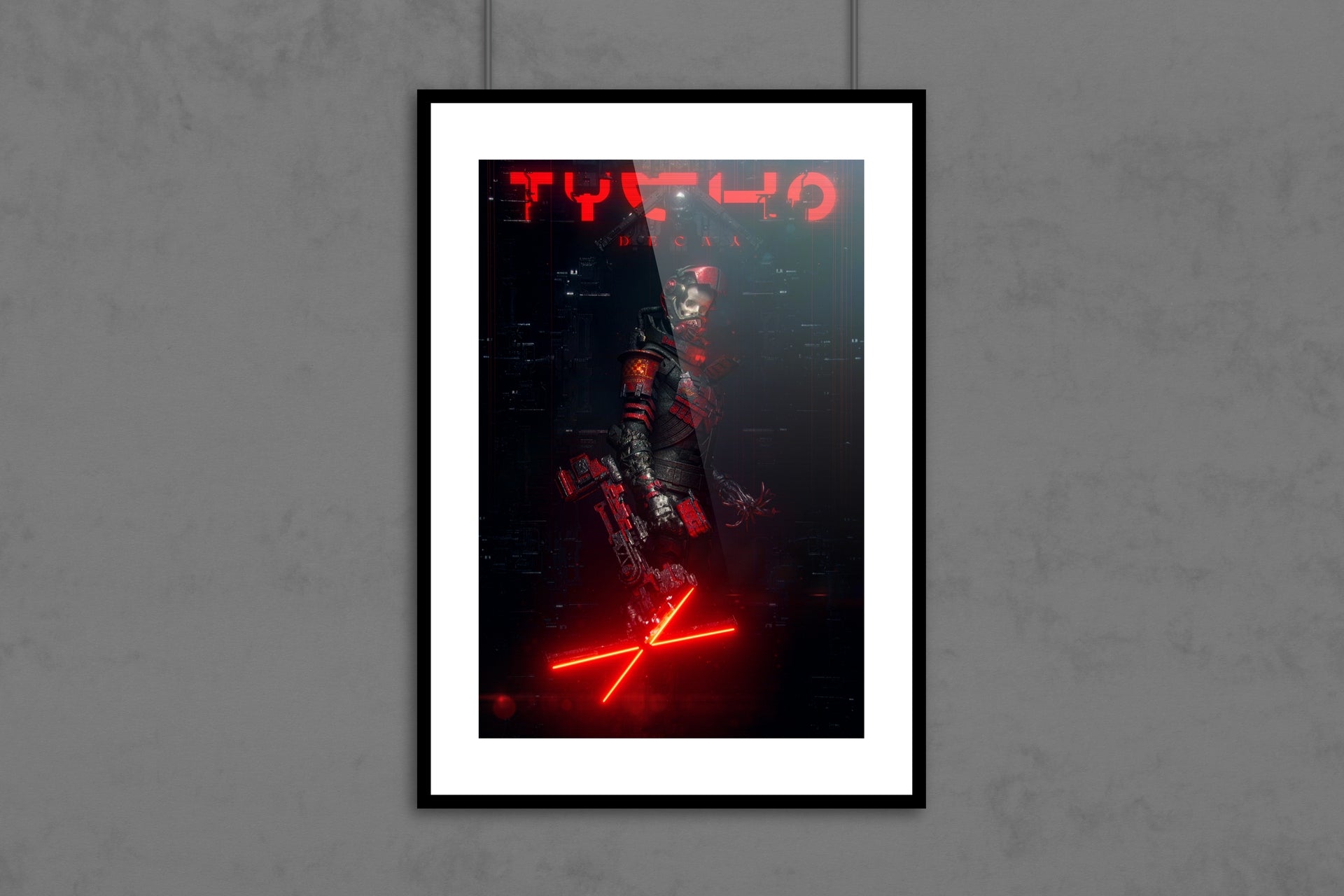 Framed poster with a dark design and red text on a gray wall
